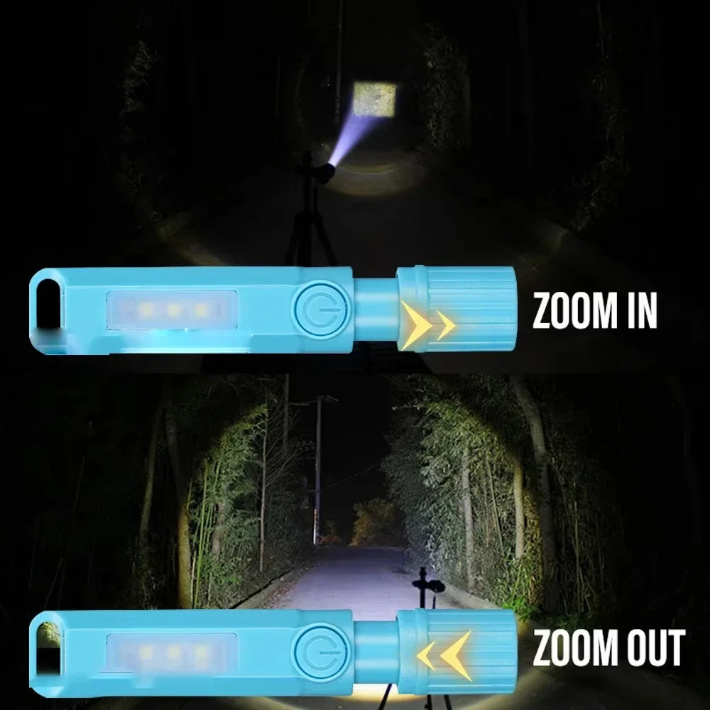 Super Bright LED Mini Flashlight With Side Light Torch USB Portable Telescopic Zoom Work Light Waterproof Outdoor Camping Light