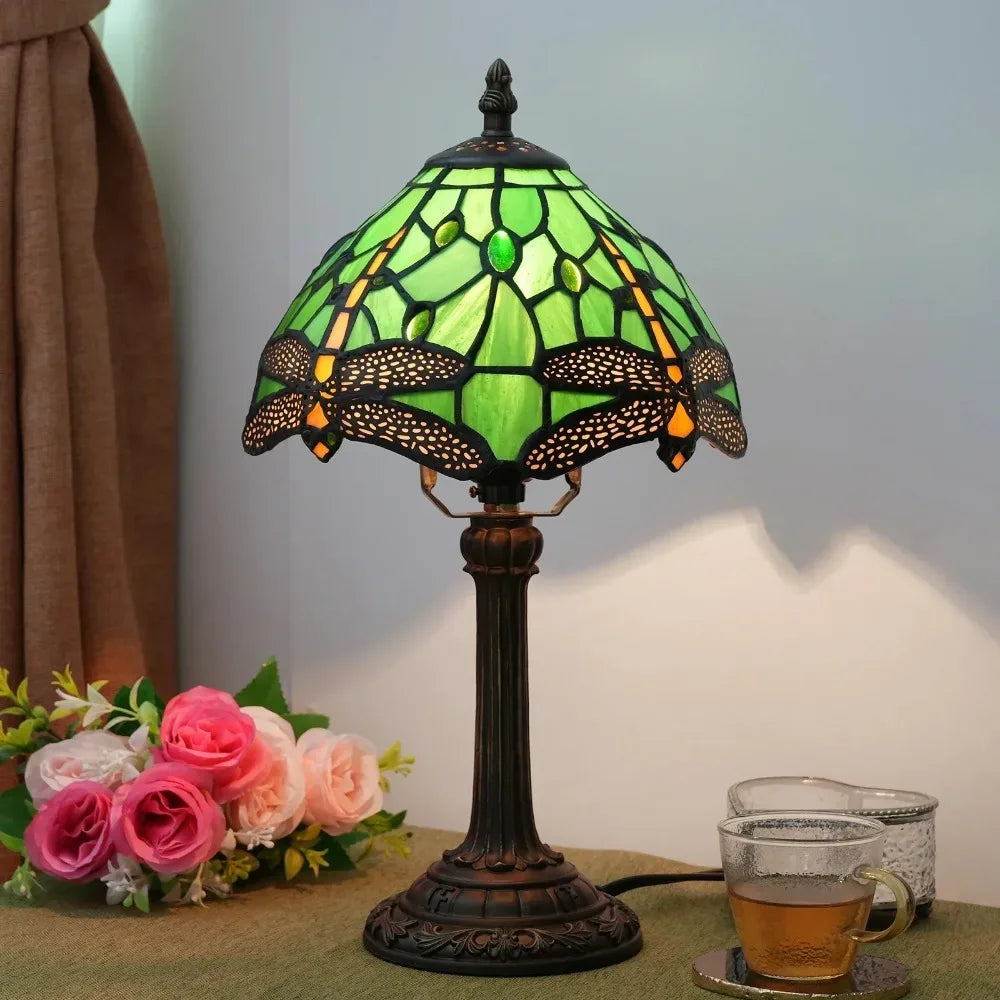 Stained Glass Table Lamp, Antique Green Tiffany Style Reading Light for Bedroom, Living Room and Office Decor Lampara Salon