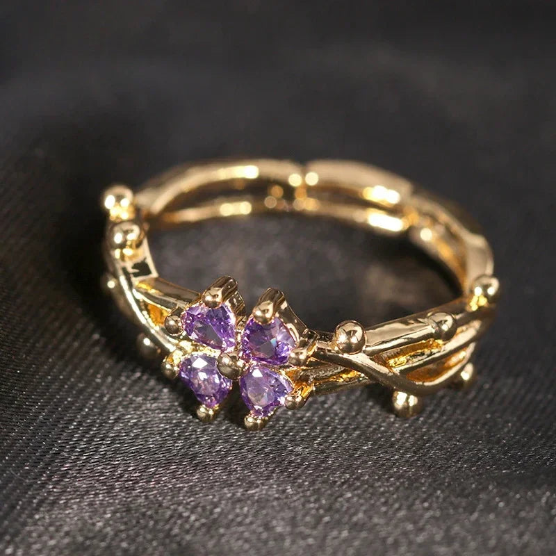 Cute Romantic Purple Four Leaf Zircon Flower Adjustable Rings for Women New Charm Gold Color Stainless Steel Finger Jewelry Gift