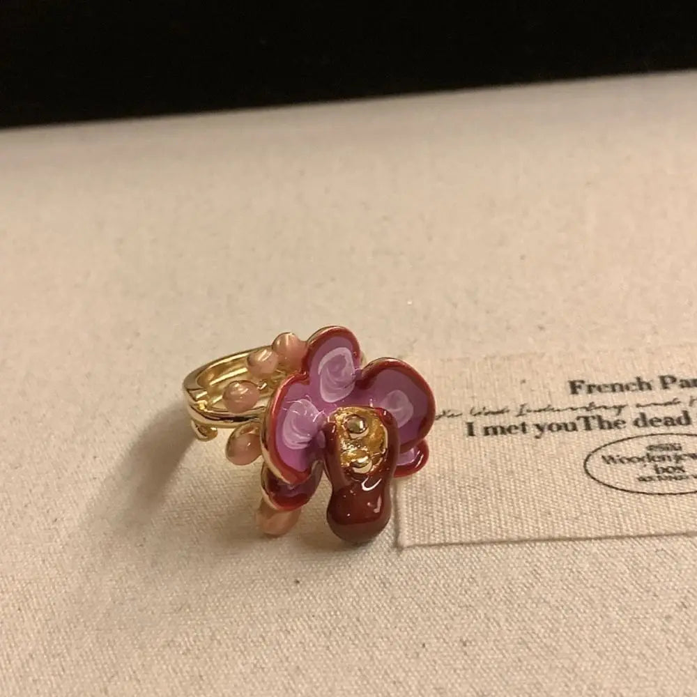 Sweet Drip Oil Flower Ring Butterfly Orchid Ins Style Enamel Finger Ring Trendy White Iris Flower French Irregular Ring Girls