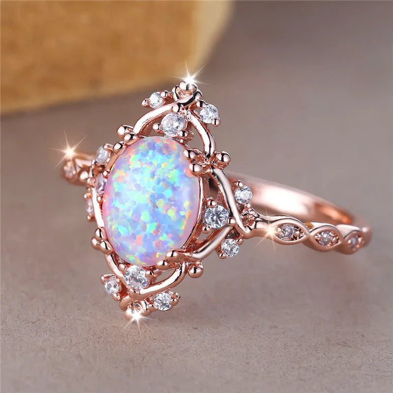 Luxury Female White Fire Opal Stone Engagement Ring Trendy Rose Gold Color Bride Wedding Jewelry Gift For Women