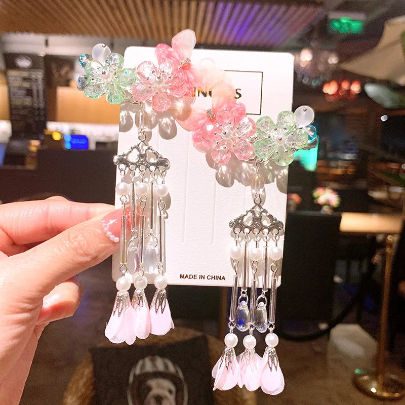 1pair Chinese Style flower Hairpin Cute Girl Candy Color Tassel Butterfly Hair Clip Retro Hanfu Barrettes Women's Hair Accessori