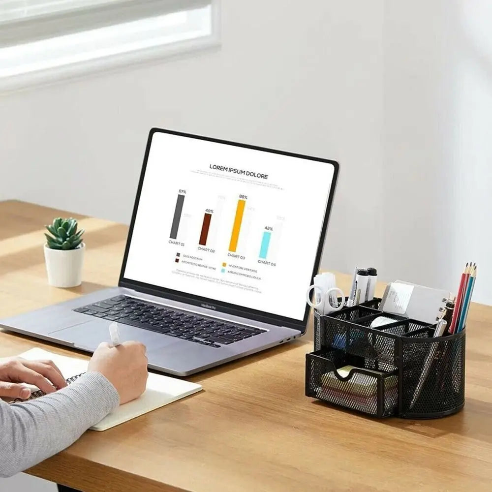 Office School Supplies With Drawer 9-Grid Storage Desk Organizer Stationery Container Metal Mesh Pen Holder