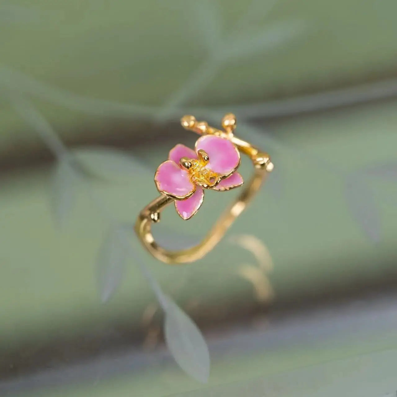 Retro Enamel Butterfly Orchid Flower Ring for Women Fashion Simple Pink Color Adjustable Open Finger Ring Party Weeding Jewelry