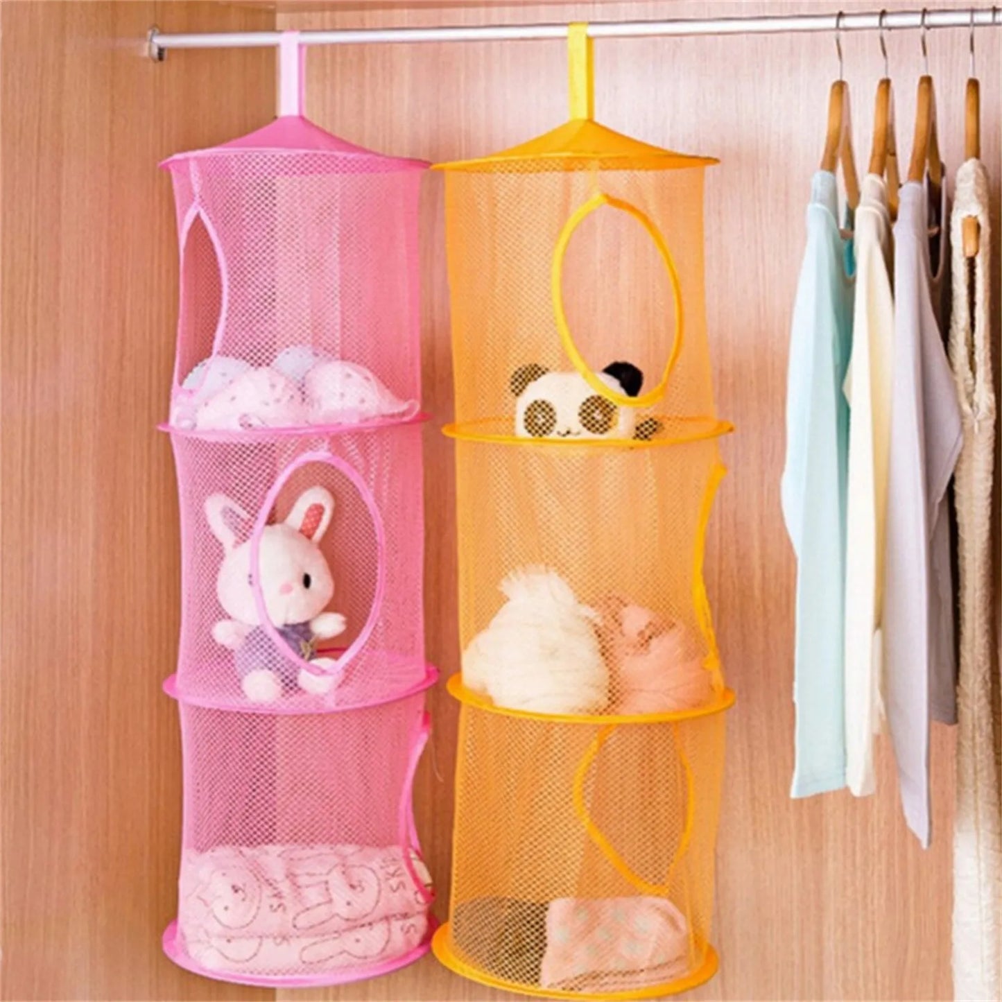 Colorful Fabric Storage Foldable Stuffed Net, 3 Compartments Hanging Mesh Toy Storage For Kid Room Toys, Gloves, Socks, Hats
