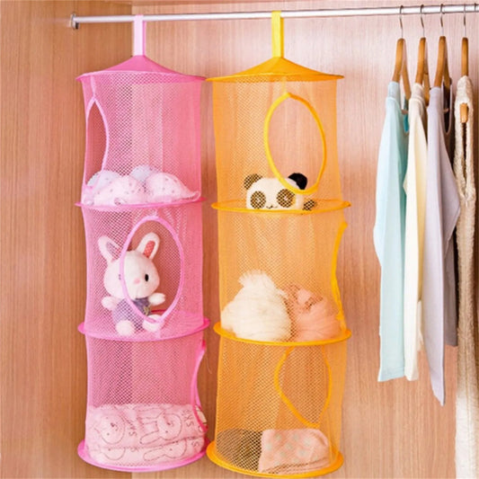 Colorful Fabric Storage Foldable Stuffed Net, 3 Compartments Hanging Mesh Toy Storage For Kid Room Toys, Gloves, Socks, Hats