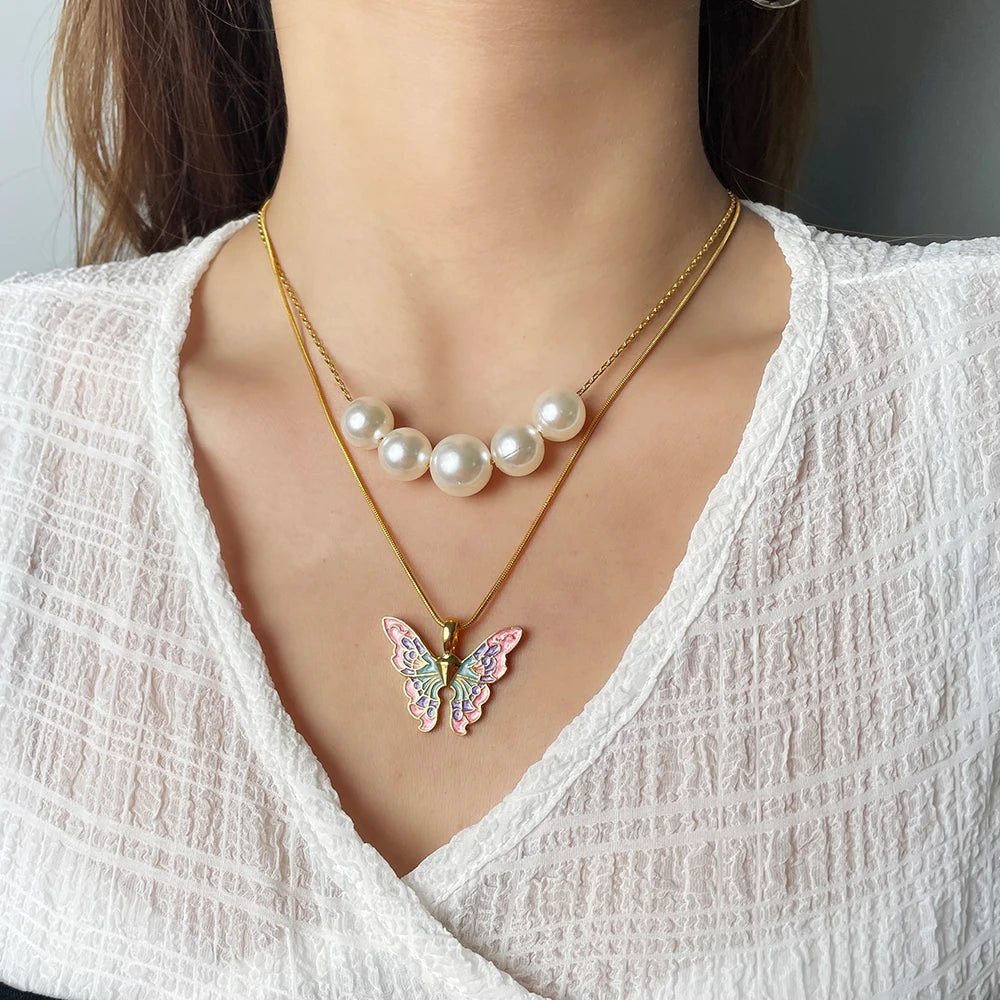 Fairytopia Mermaidia Enamel Butterfly Necklace For Women Thai Pop Imitation Pearl Necklace Multilayer Jewelry