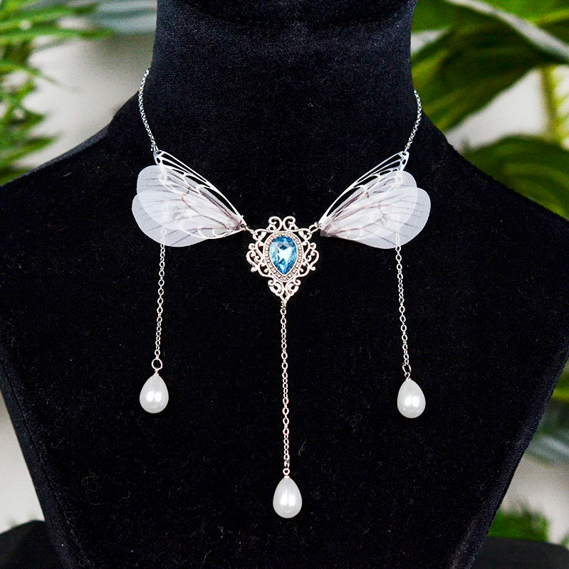 Witch Fairy Elves Butterfly Wings with Crystal Pendant Chain Necklace Forest Fairy Jewelry for women