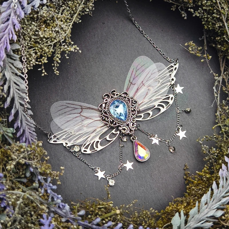 Witch Fairy Elves Butterfly Wings with Crystal Pendant Chain Necklace Forest Fairy Jewelry for women