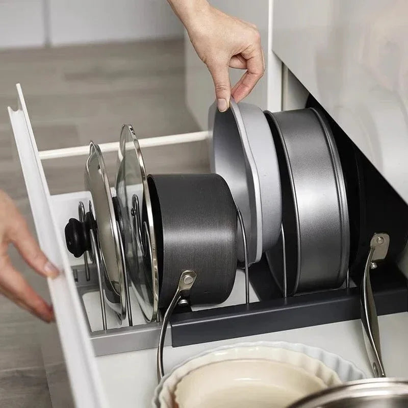 Pot lid storage rack, suitable for cabinet drawers, a kitchen organizing tool suitable for storing cookware.