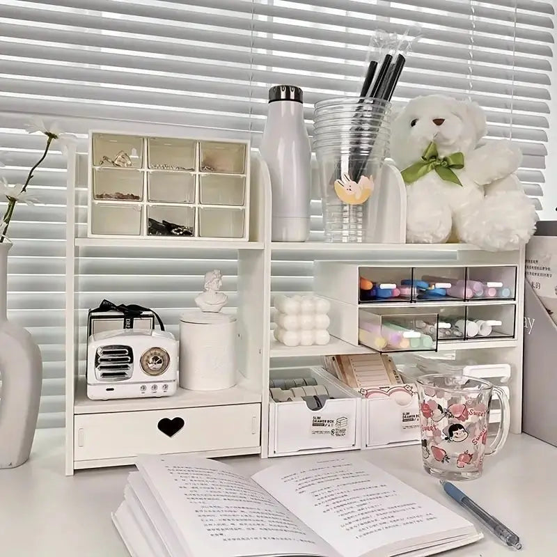 Desk Organizer with Drawer - Storage Box for Office/School Supplies & Makeup, Plastic Desktop Organizer
