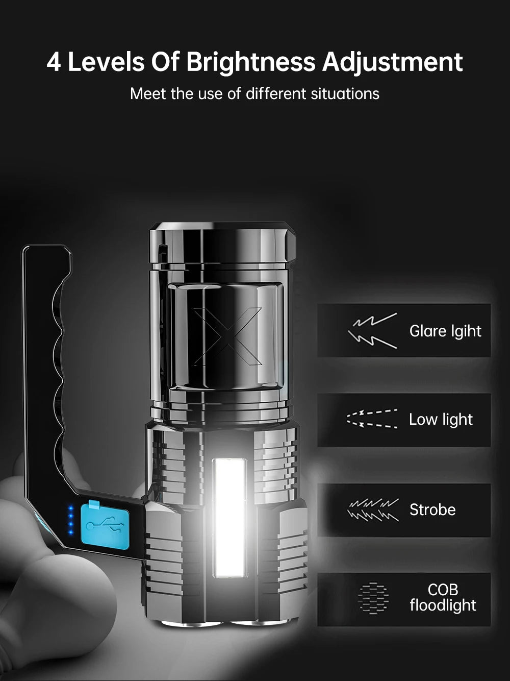 Powerful LED Flashlight Super Bright USB Rechargeable COB 4 LED Handheld Lantern Camping Portable Torch Light