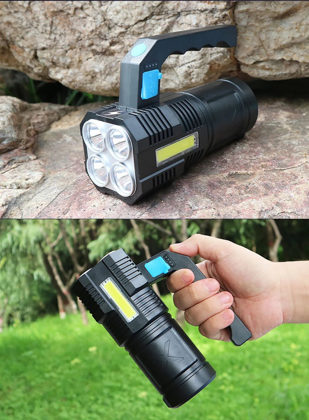 Powerful LED Flashlight Super Bright USB Rechargeable COB 4 LED Handheld Lantern Camping Portable Torch Light
