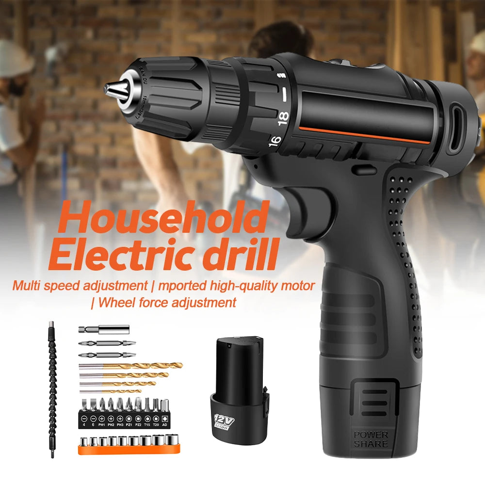 12V Electric Screwdriver Multi-functional Rechargeable Electric Screwdriver Electric Hand Drill Household Tools Black PC+Alloy