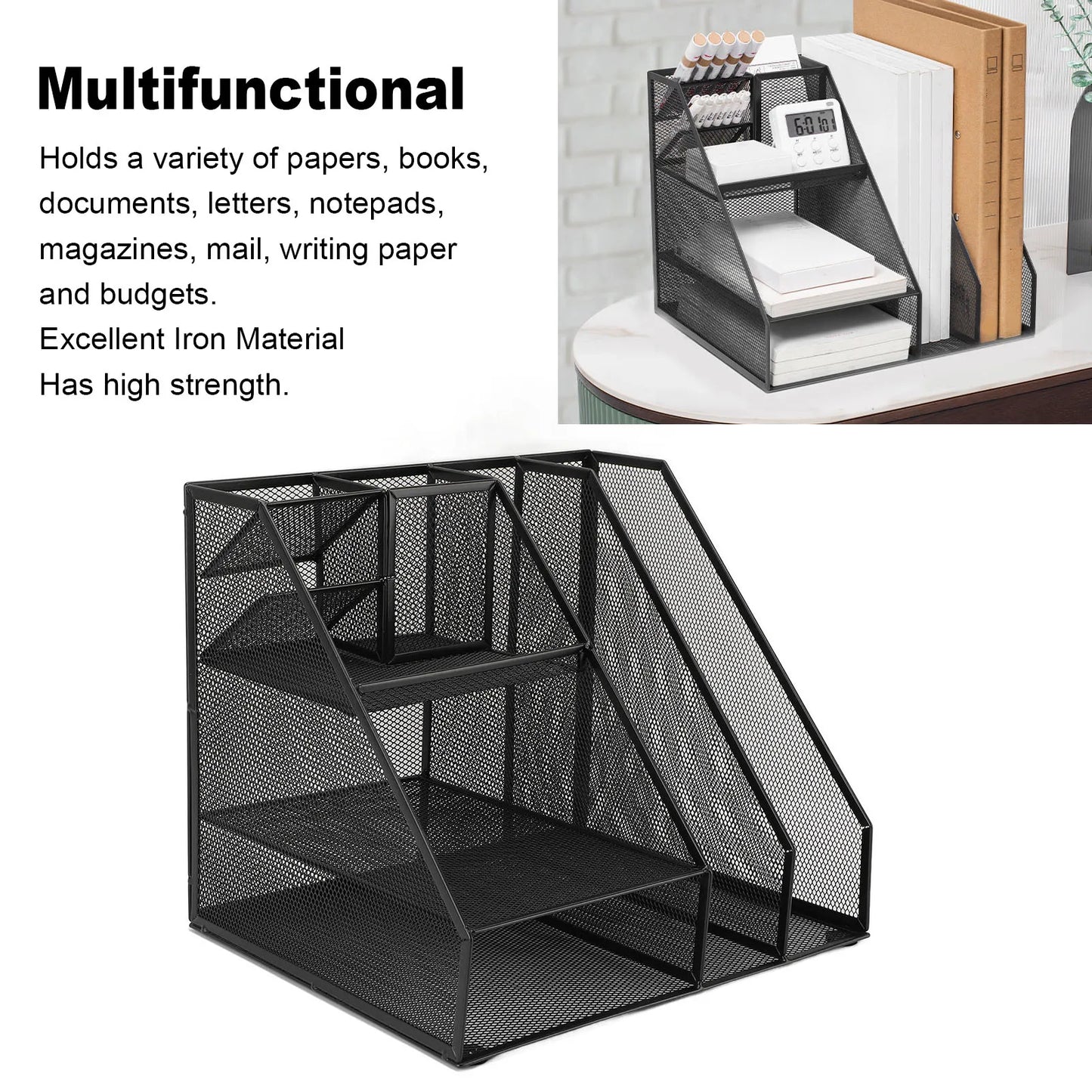 Office Supplies Organizer with Pen Holder Metal Mesh Desktop Organizer Black Iron Multifunctional File Organizer for Home School