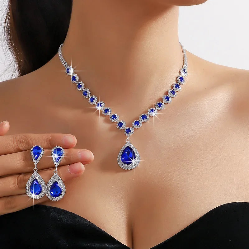 FYUAN Luxury Red Green Blue Crystal Necklace Earrings For Women Water Drop Pendant Wedding Bride Jewelry Sets
