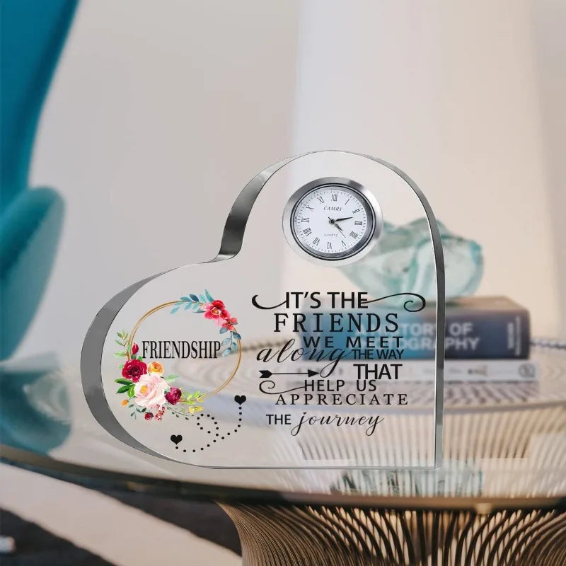 Female Friendship Gifts: Crystal Heart Glass (Clock) + Friend Plaque—Unique Birthday Presents.