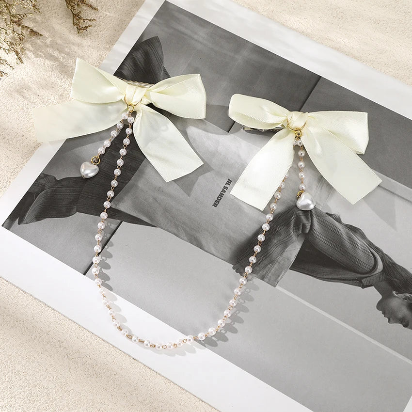 LEVAO Women's Sweet Double Bow Duckbill Clip Tiaras Pearl Chain Decorative Hairband Girls Fashion Hairpin Hair Accessories