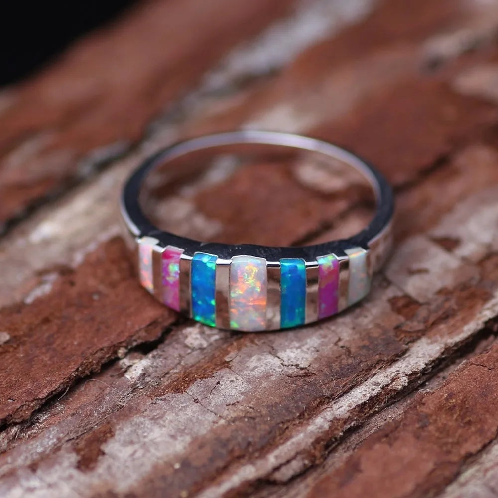 Silver Plated Opal Rings For Women Wedding Jewelry Fashion Gift Ring Size 5-12