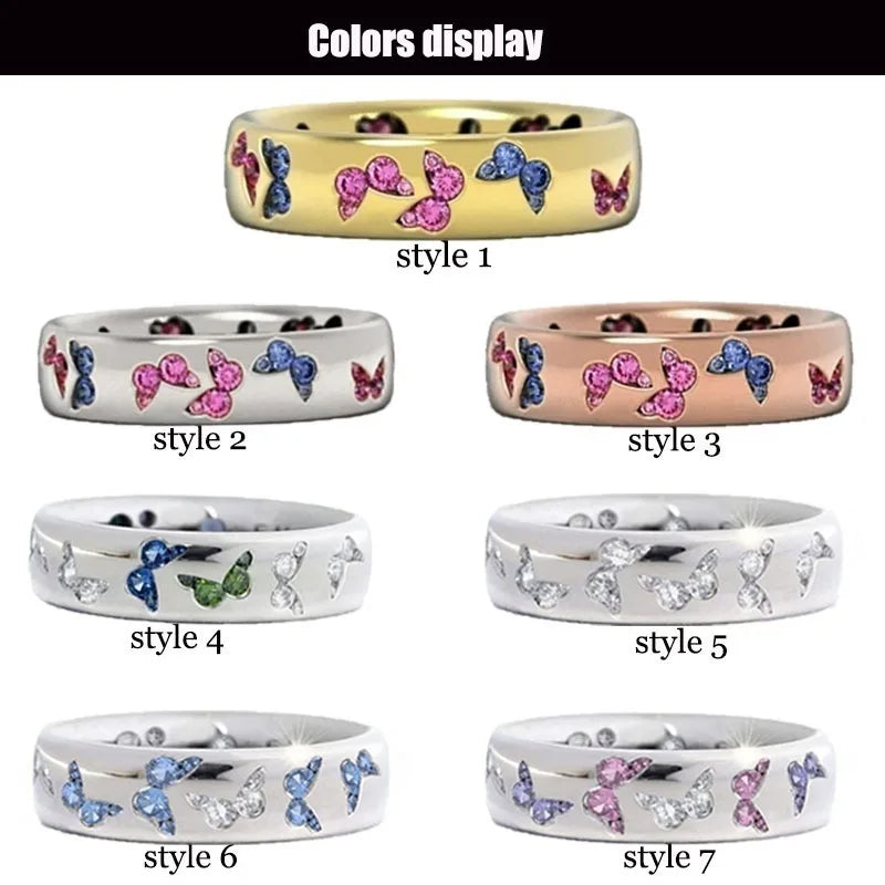 Colorful Butterfly Ring Wedding 925 Sterling Silver Plated Rings for Women Elegant Multicolor Zircon Ring Jewelry Girl Gift