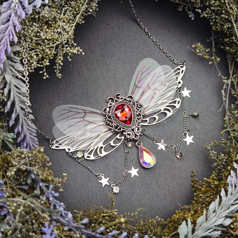 Witch Fairy Elves Butterfly Wings with Crystal Pendant Chain Necklace Forest Fairy Jewelry for women