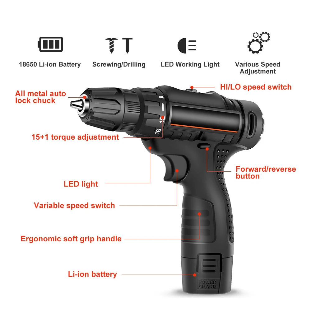 12V Electric Screwdriver Multi-functional Rechargeable Electric Screwdriver Electric Hand Drill Household Tools Black PC+Alloy
