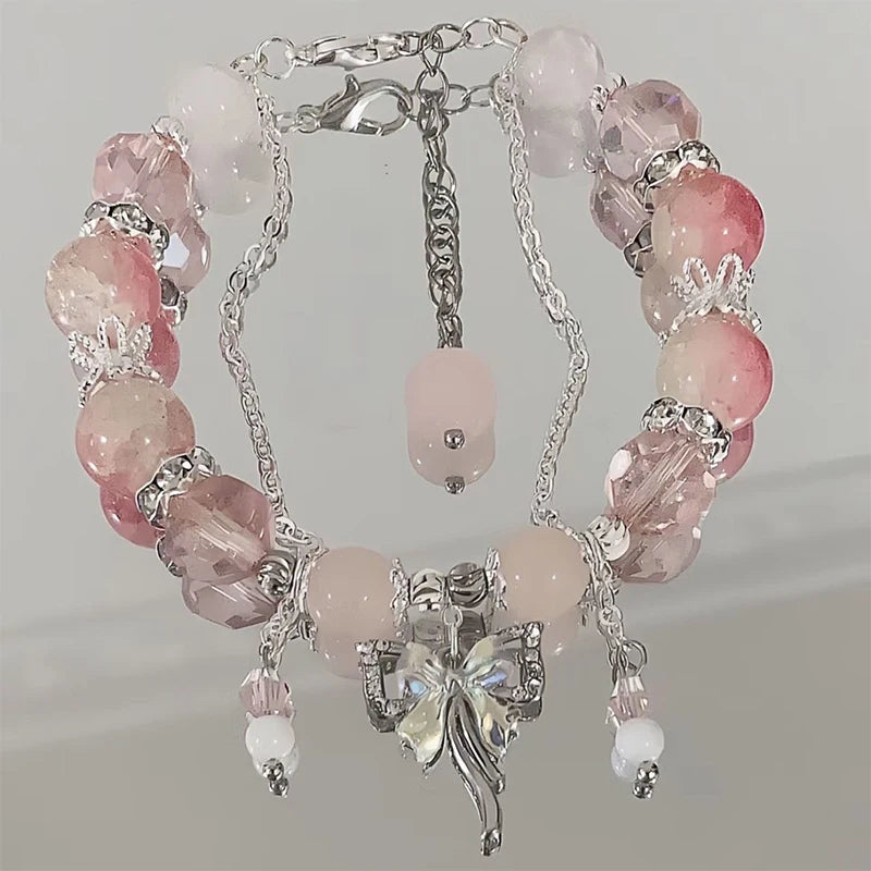 Fashion Butterfly Beaded Bracelets For Women Girls Imitation Jade Bohemian Crystal Charm Elastic Rope Bracelet Hand Jewelry