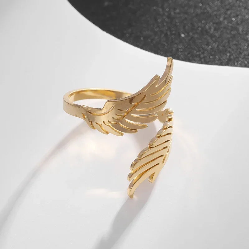 Stainless Steel Angel Wing Ring Open Adjustable Feather Ring for Men Women Couple Fashion Jewelry Anniversary Gift