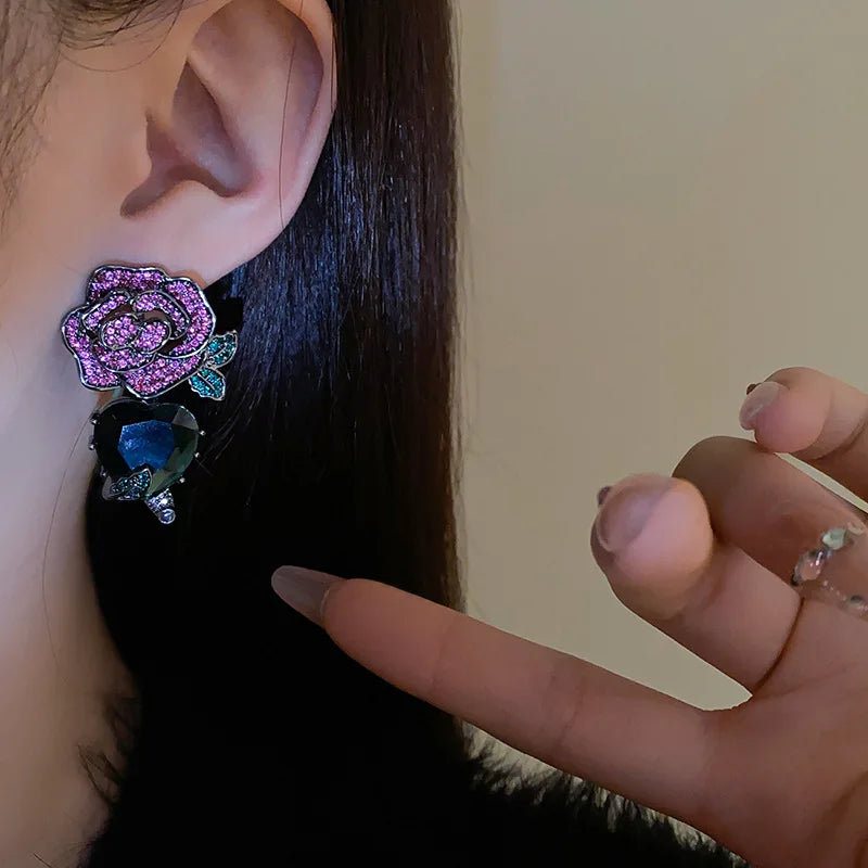 Purple Rose Flower Heart Lip,Stud Earrings for Women French Romantic Vintage Temperament Earring Luxury Jewelry wholesale