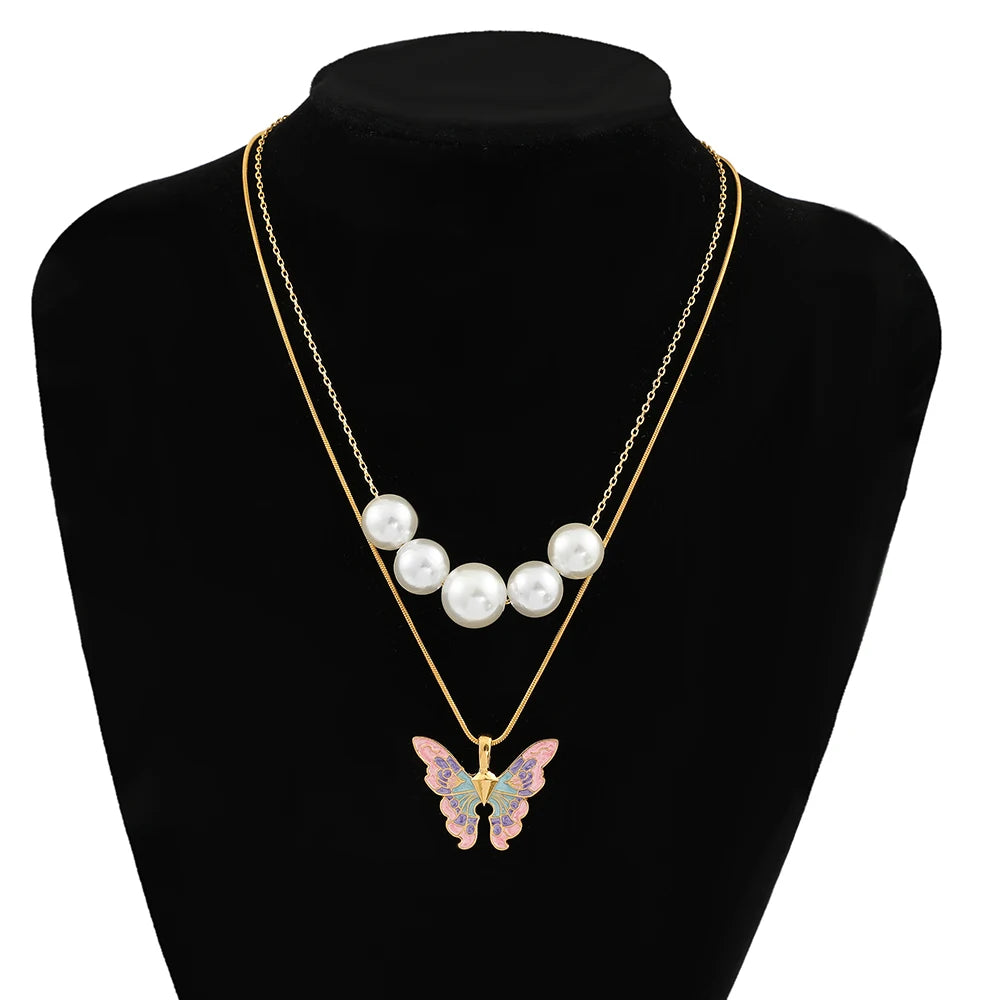 Fairytopia Mermaidia Enamel Butterfly Necklace For Women Thai Pop Imitation Pearl Necklace Multilayer Jewelry