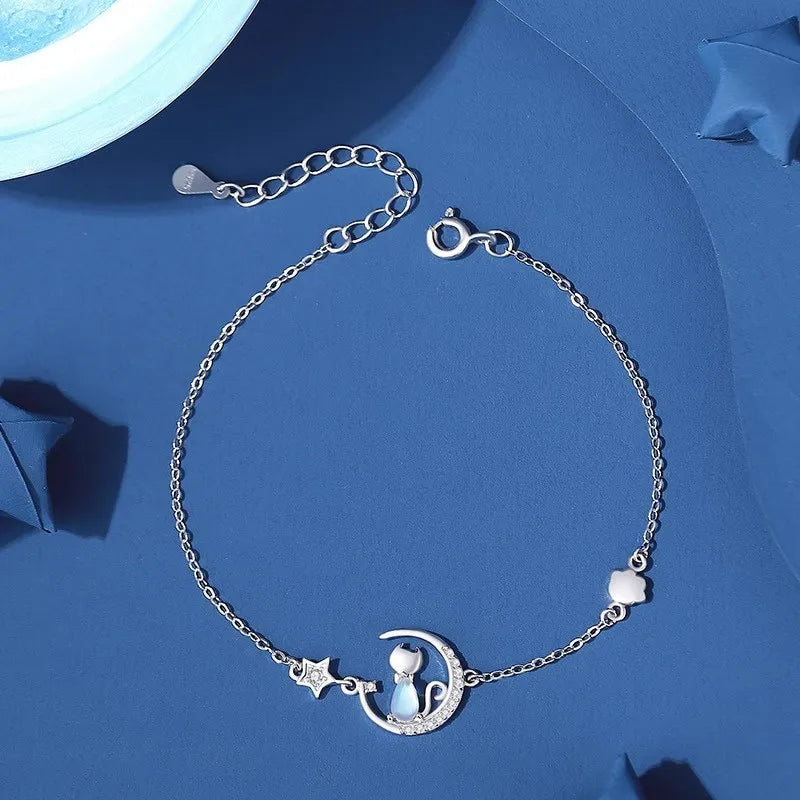 NEW European S925 Sterling silver AAA CZ Moon Stars Cat Bracelet Chain For Women Men Birthday Party Gift Jewelry