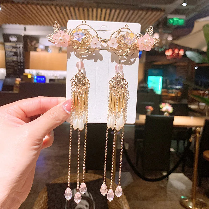 1pair Chinese Style flower Hairpin Cute Girl Candy Color Tassel Butterfly Hair Clip Retro Hanfu Barrettes Women's Hair Accessori