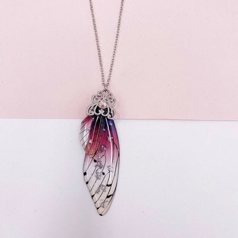 12 colors fashion Silver gold Fairy Purple Gradient Clear Resin Butterfly Shiny Insect Wing Pendant necklace for women jewelry