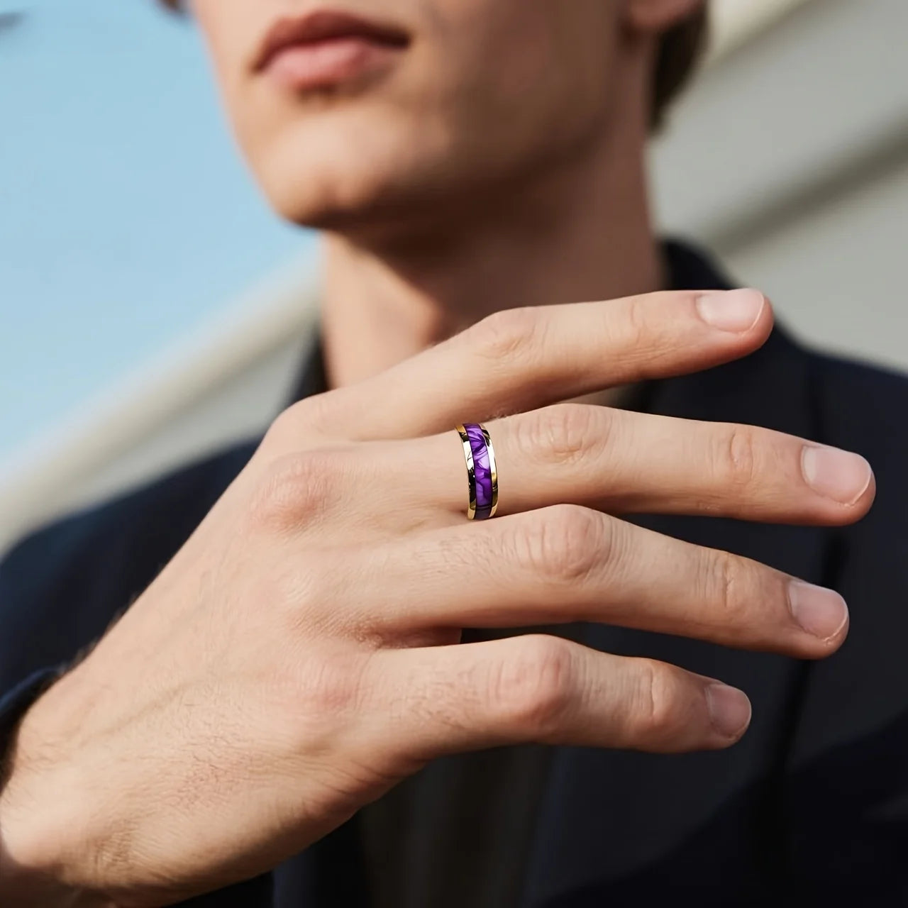 Wholesale 8MM Fashion Purple Shell Inlay Stainless Steel Rings Unique Women Wedding Band Jewelry Men's Ring Party Accessories