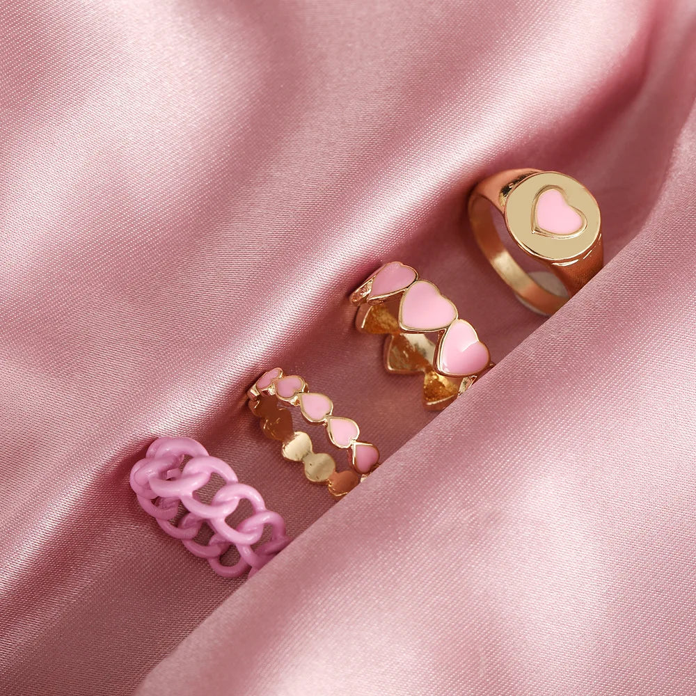 Pink Enamel Butterfly Ring Gold Finished Set For Women Crystal Enamel