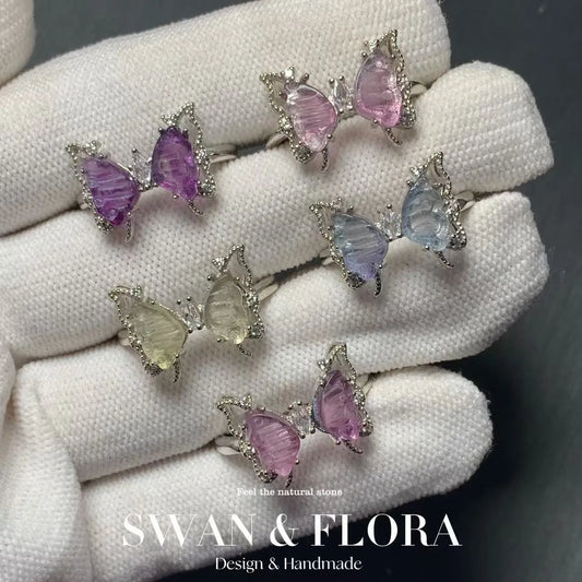 Butterfly Natural fluorite Ring Adjustable Female Simple Ring Jewelry for Women Gift Wholesale High Quality Vintage Fine