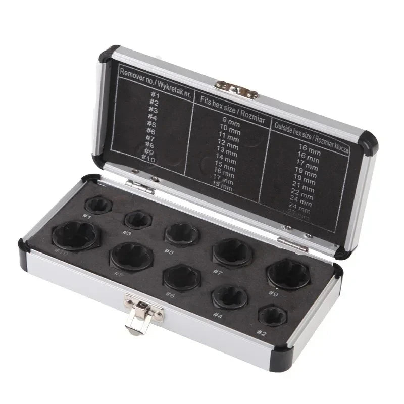 10pcs/lot Hex Socket Set Damaged Bolt Nut Screw Remover Garage 9-19 Mm Sockets Car Repair Hand Tool Electric Drill Accessories