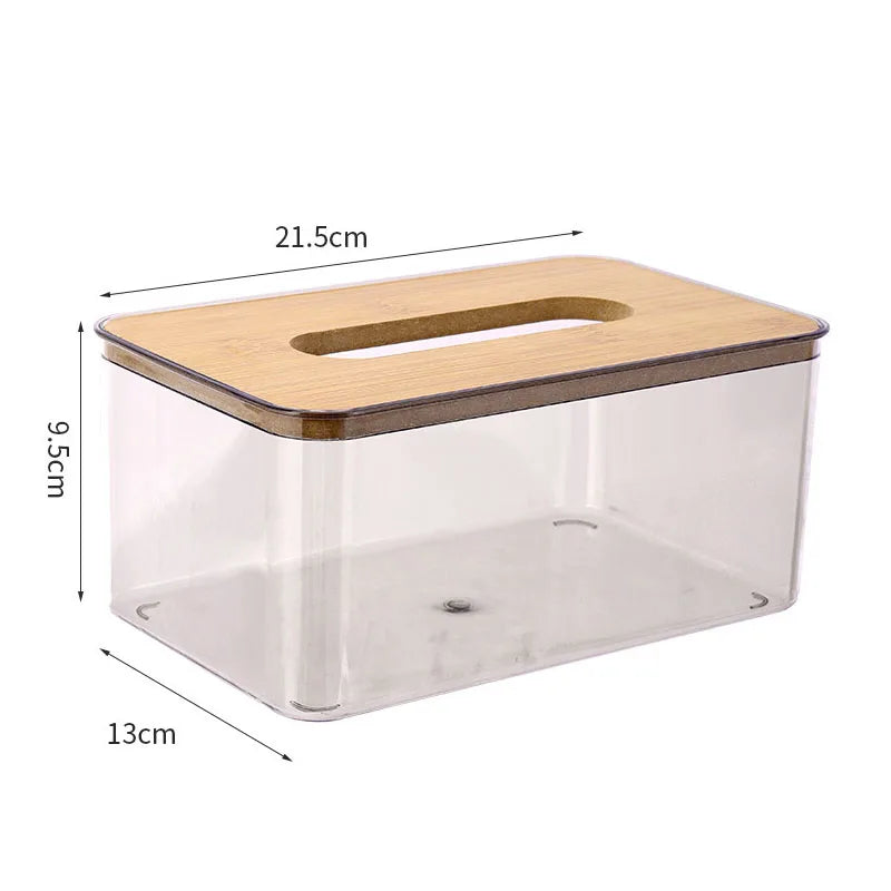 Wooden top tissue box, transparent grey PET base - multi-sized tabletop storage box for living room, smooth sliding opening