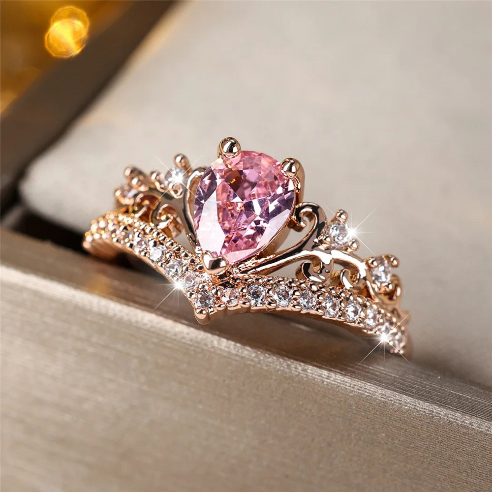 Luxury Female Pink Water Drop GemStone Ring Dainty
