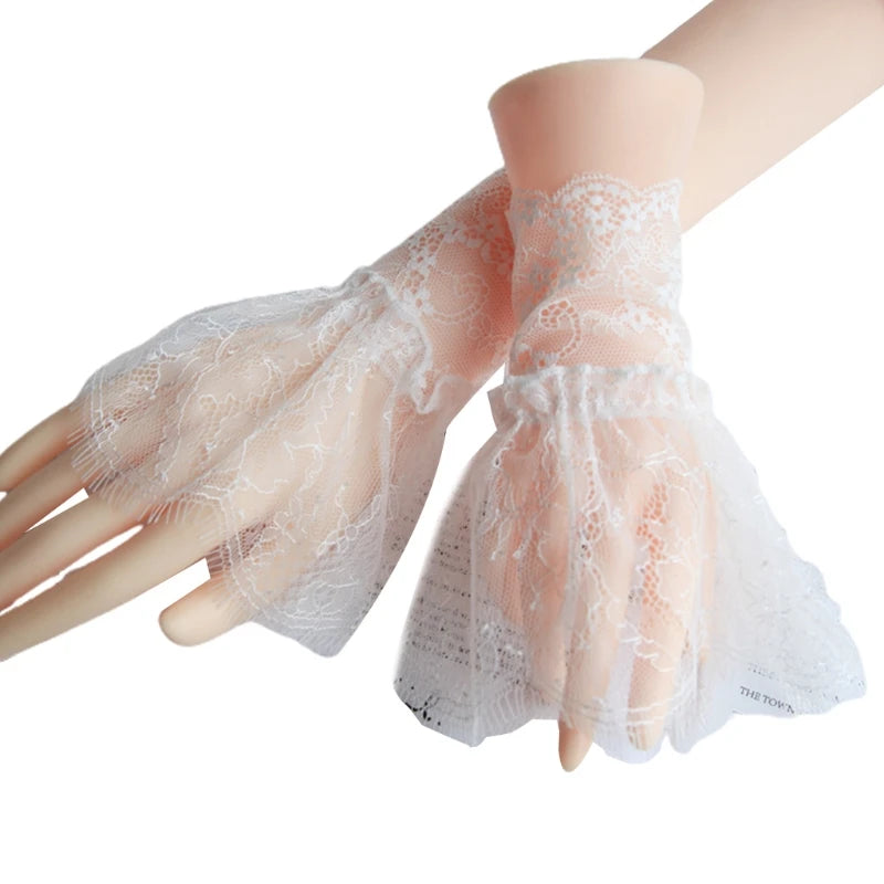 Women Fake Arm Sleeves with Short Tassels White and Black Pleated Cuff Beautiful Lace Accessories Outdoor Embellishments