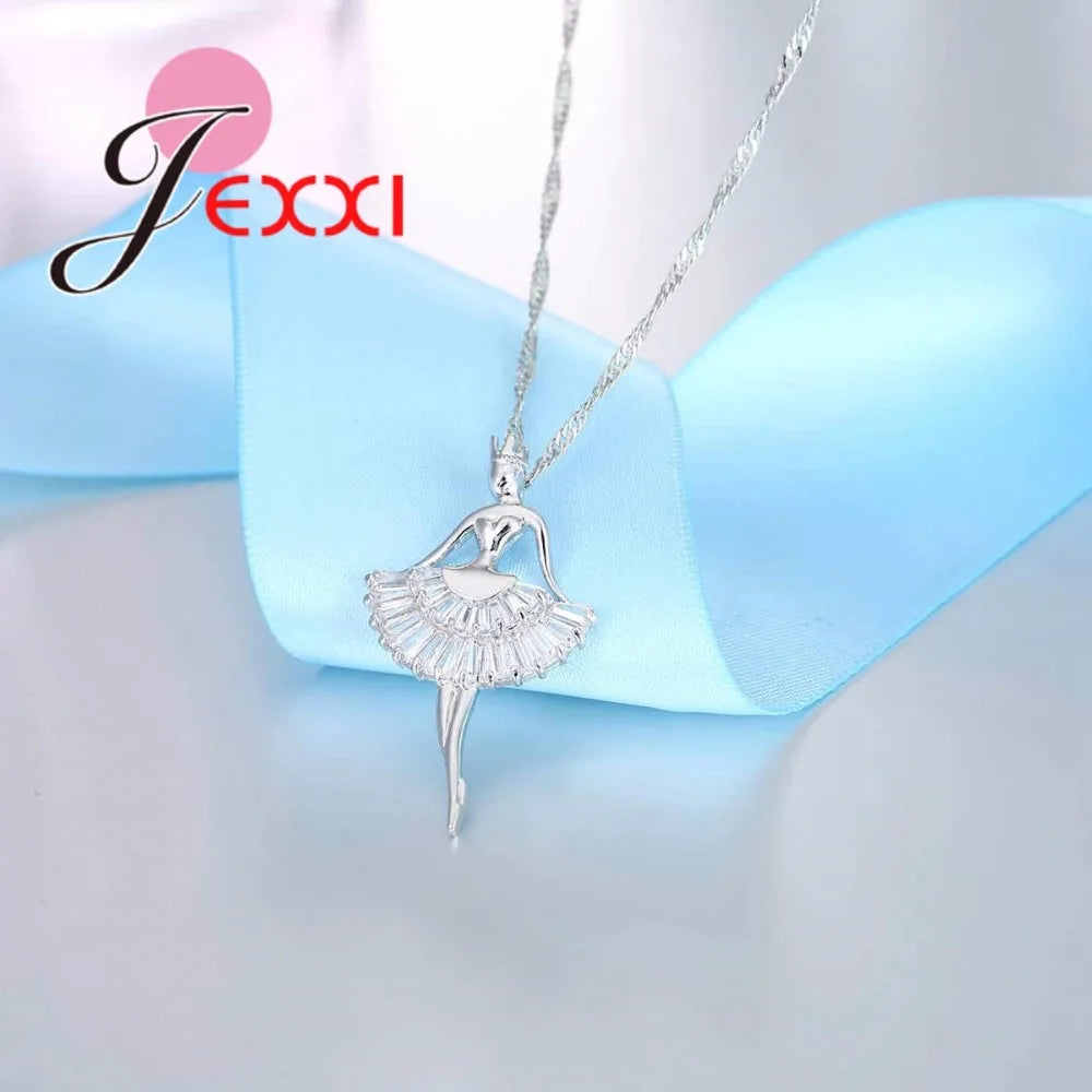 Fashion Enamel Dance BALLET Girl Fairy Angel Necklace Chain Pendant 925 Sterling Silver Fashion Cubic Zirconia Jewelry