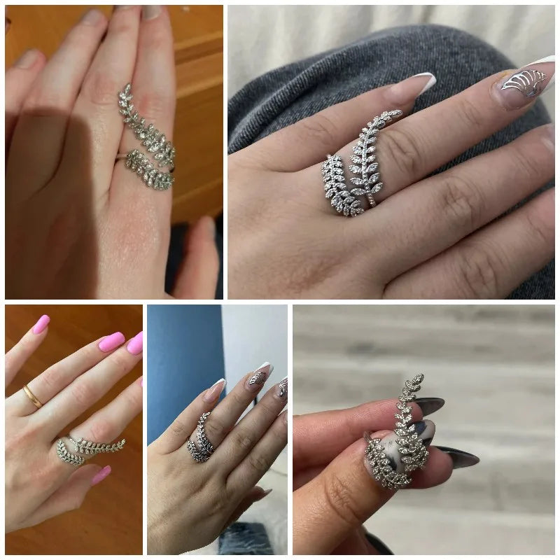 Graceful Leaves Both End of Open Ring Silver Color Girl Cocktail Party Rings Shine Crystal Zircon Fashion Women Jewelry