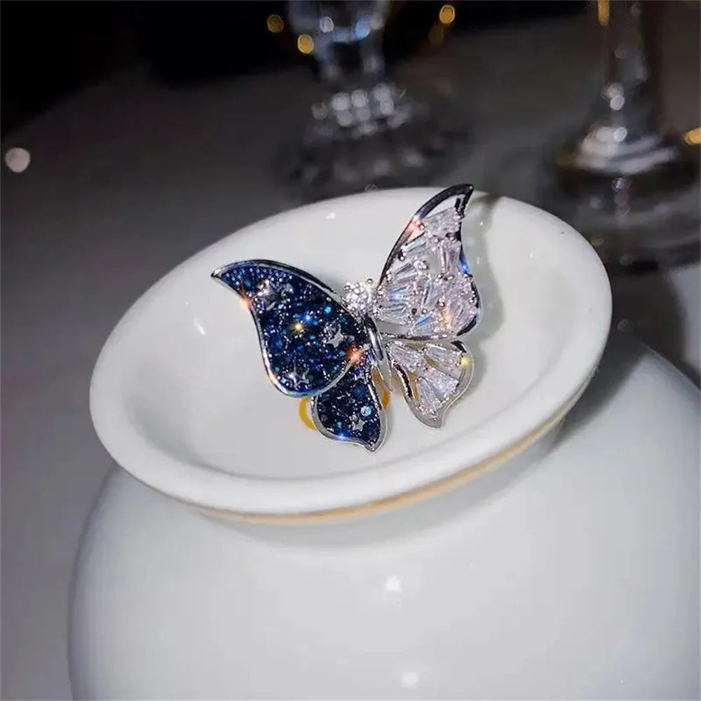 Exquisite Ice Blue Butterfly Open Ring, Fashionable Women's Simple Style Jewelry