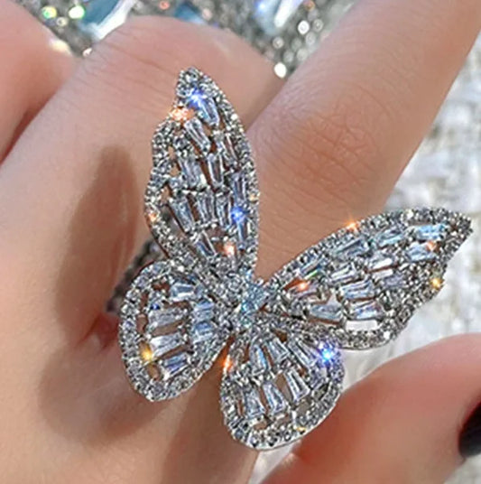 Butterfly Opening Ring Luxury Shiny Full Zircon Rings Women Fashion Engagement Bridal Wedding Finger Ring Female Jewelry