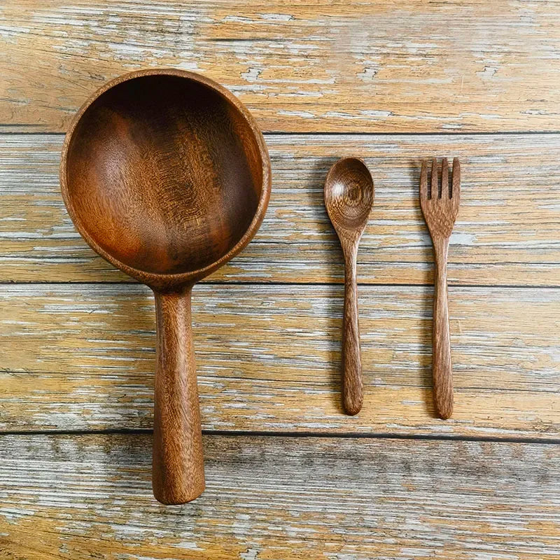 Kitchen Bar Utensils, Wooden Cutlery, Bowls, Spoons, Forks Set, Can be Used for Travel, Picnic, Portable Eco-friendly, Chunky