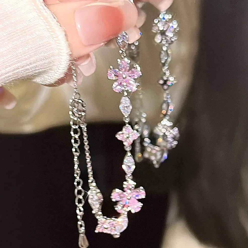 Sweet Fairy Pink Crystal Zircon Sakura Flowers Bracelet for Women Exquisite Cherry Blossom Bracelets Girls Jewelry Gifts