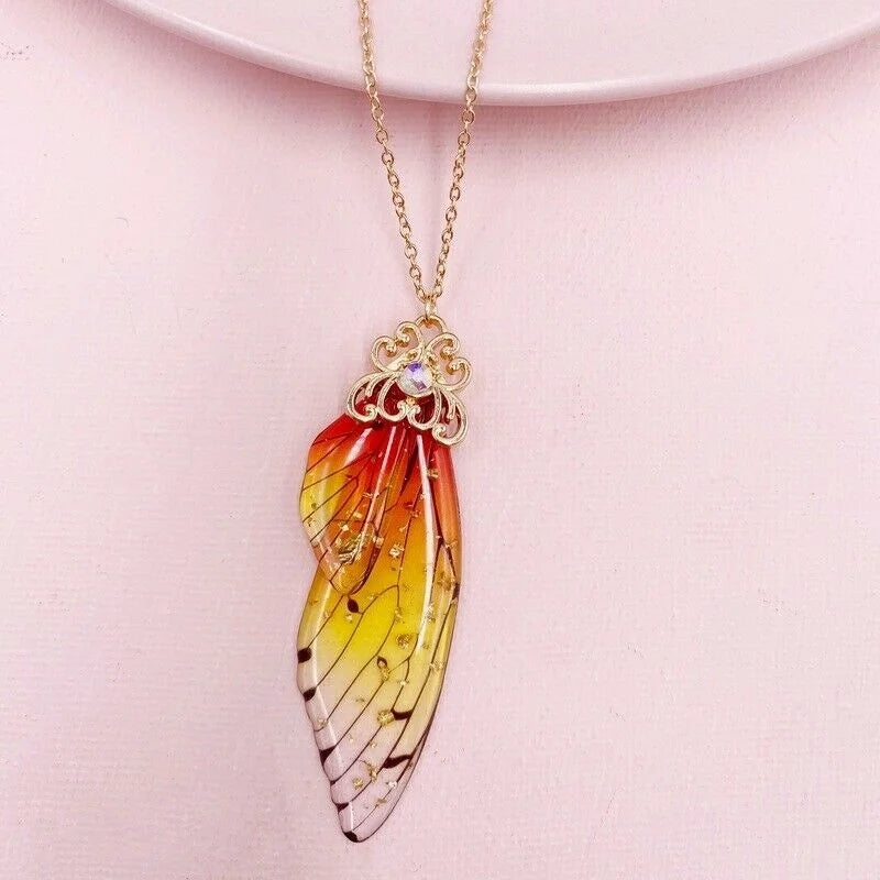 12 colors fashion Silver gold Fairy Purple Gradient Clear Resin Butterfly Shiny Insect Wing Pendant necklace for women jewelry