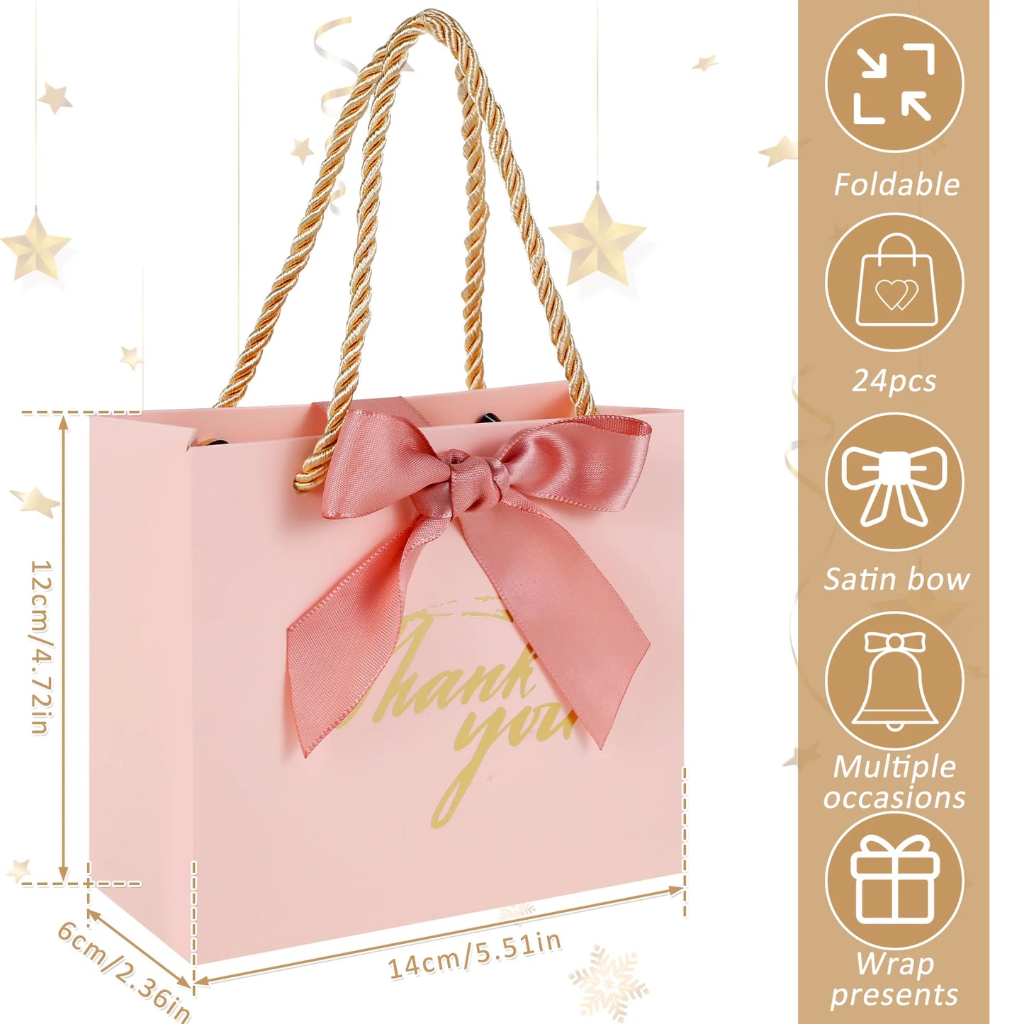 20/30/50pcs Thank You Gift Bags Reusable Paper Party Bags with Handles Gold Bow Ribbon Mini Pink Party Favor Bags for Birthday