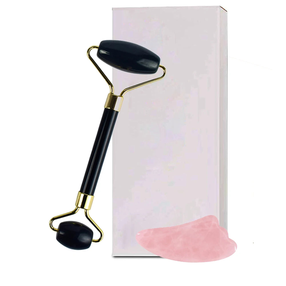natural quartz jade roller facial massager with guasha board Green Pink black kits for face neck roller massage