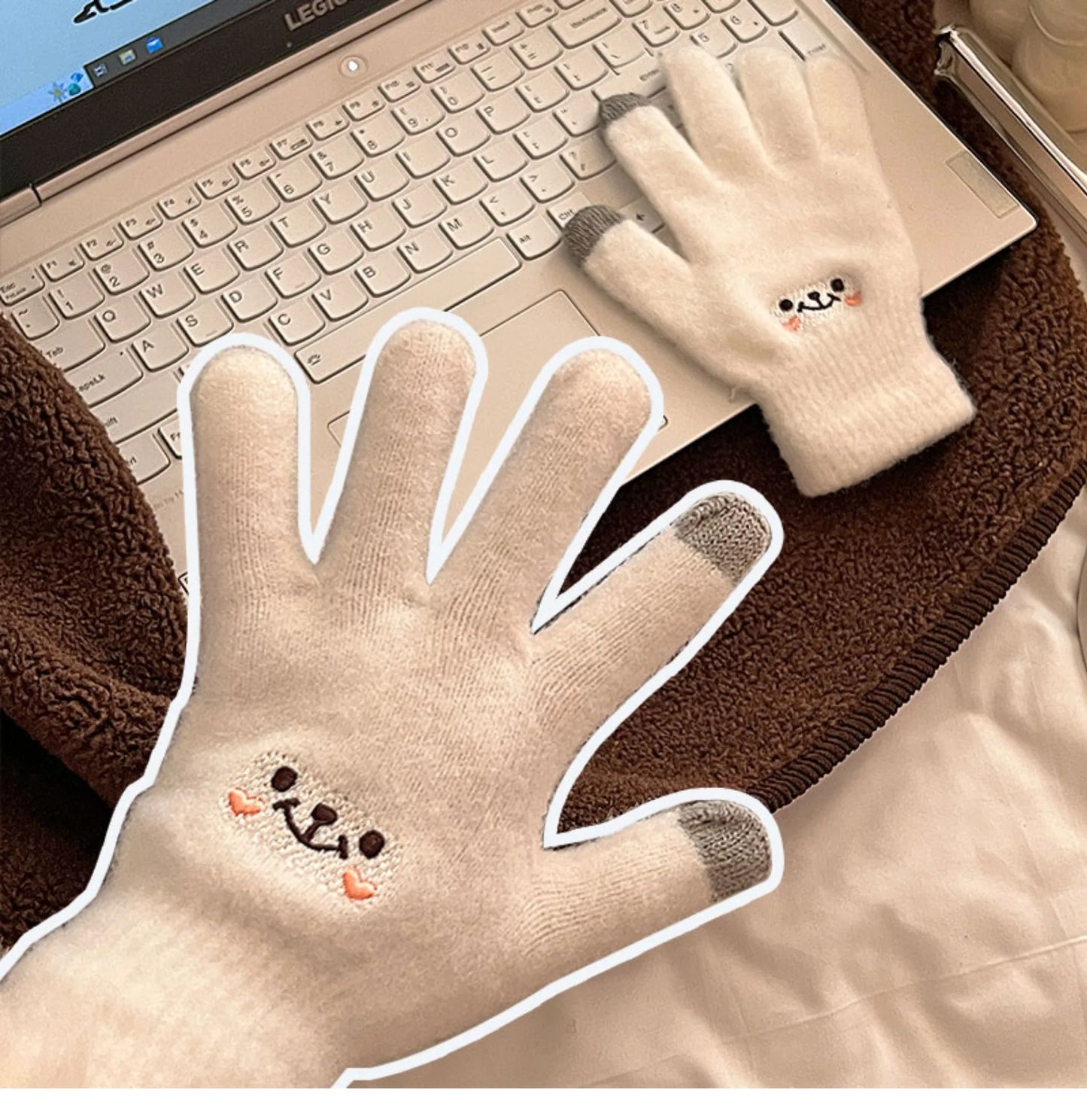 Women's Gloves Autumn Winter Cute Smile Gloves Five Fingers Solid Color Resistant Touch Screen Cotton Gloves Fashion Comfortable